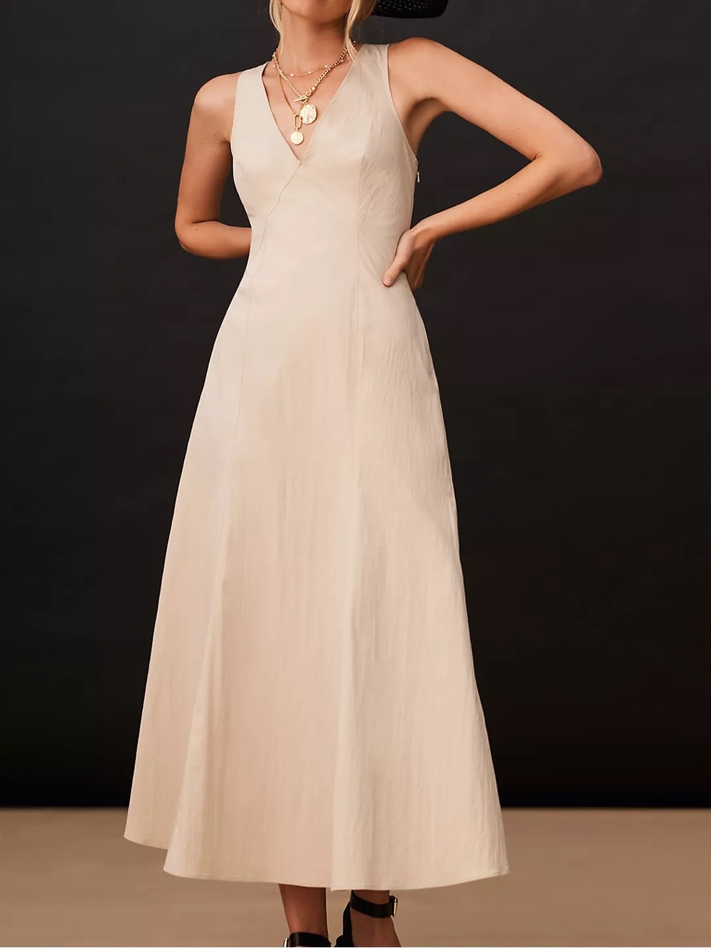 Anthropologie Sleeveless V Neck A Line Dress Beige Cream Midi Cotton Resort 8